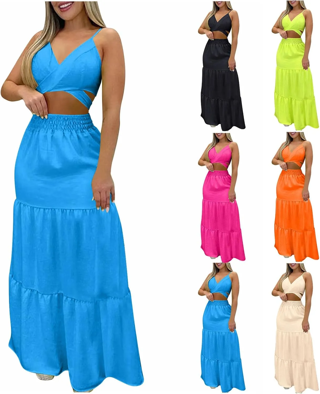 HGps8w Womens 2 Piece Outfits Sexy V Neck Crop Cami Top and High Waisted Tiered Maxi Skirt Elegant Swing Beach Dress Sets