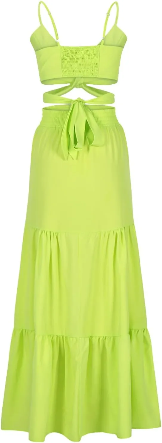 HGps8w Womens 2 Piece Outfits Sexy V Neck Crop Cami Top and High Waisted Tiered Maxi Skirt Elegant Swing Beach Dress Sets