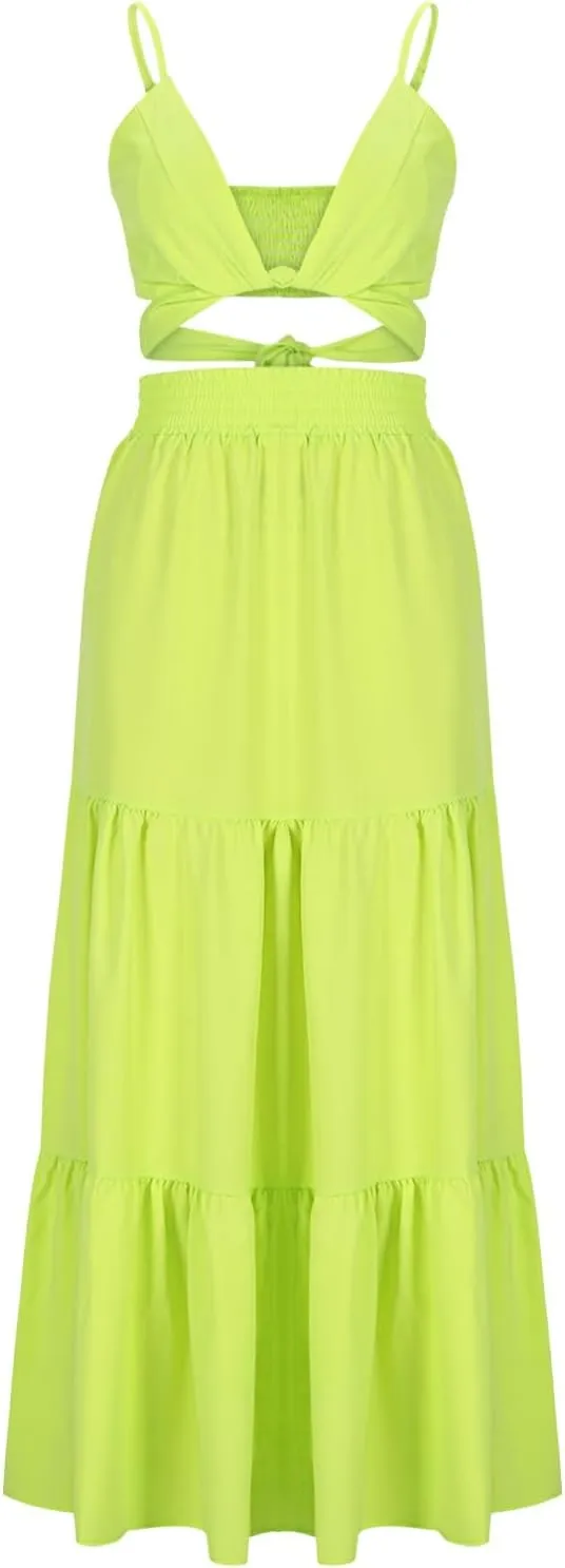 HGps8w Womens 2 Piece Outfits Sexy V Neck Crop Cami Top and High Waisted Tiered Maxi Skirt Elegant Swing Beach Dress Sets