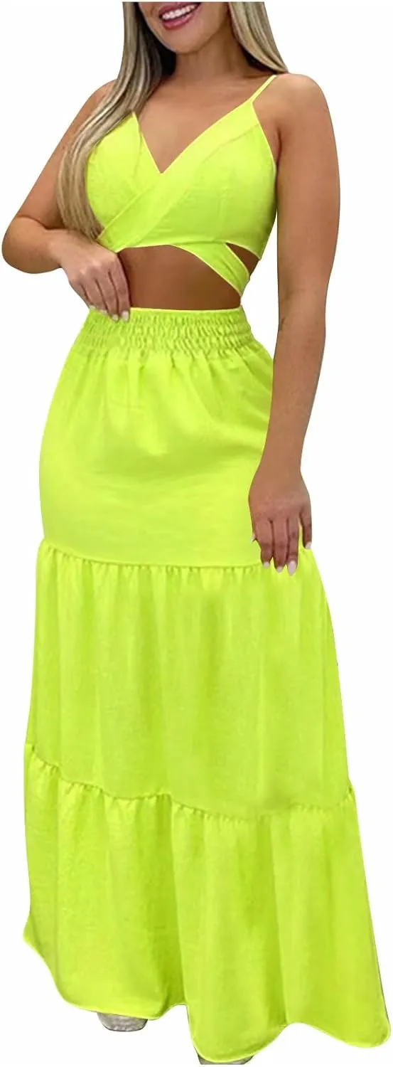 HGps8w Womens 2 Piece Outfits Sexy V Neck Crop Cami Top and High Waisted Tiered Maxi Skirt Elegant Swing Beach Dress Sets