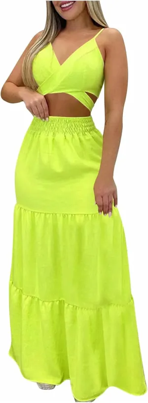 HGps8w Womens 2 Piece Outfits Sexy V Neck Crop Cami Top and High Waisted Tiered Maxi Skirt Elegant Swing Beach Dress Sets
