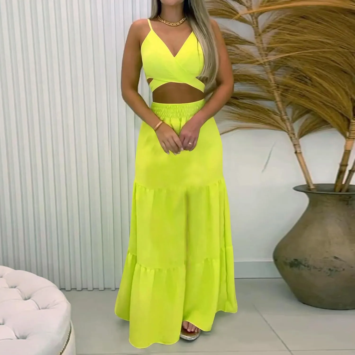 HGps8w Womens 2 Piece Outfits Sexy V Neck Crop Cami Top and High Waisted Tiered Maxi Skirt Elegant Swing Beach Dress Sets