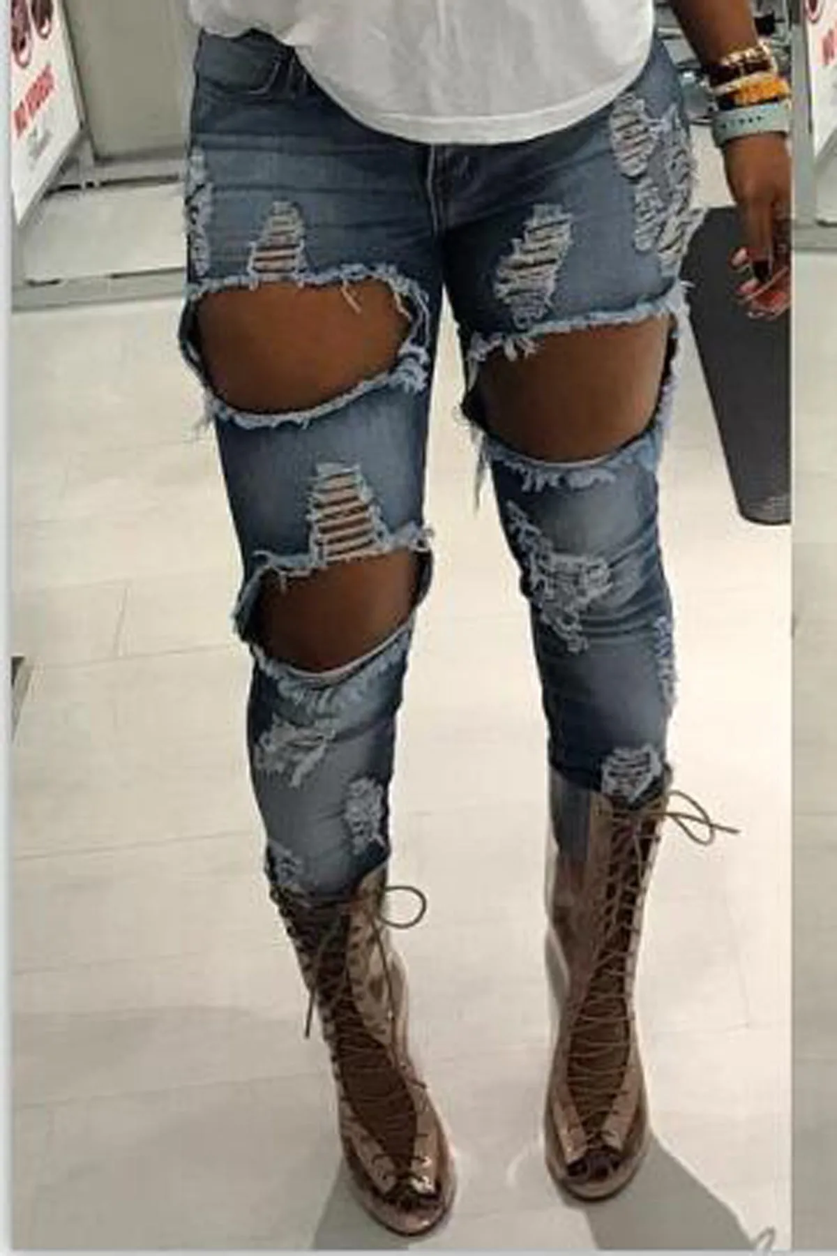 High Waist Hollow Out Rough Holes Skinny Long Jeans