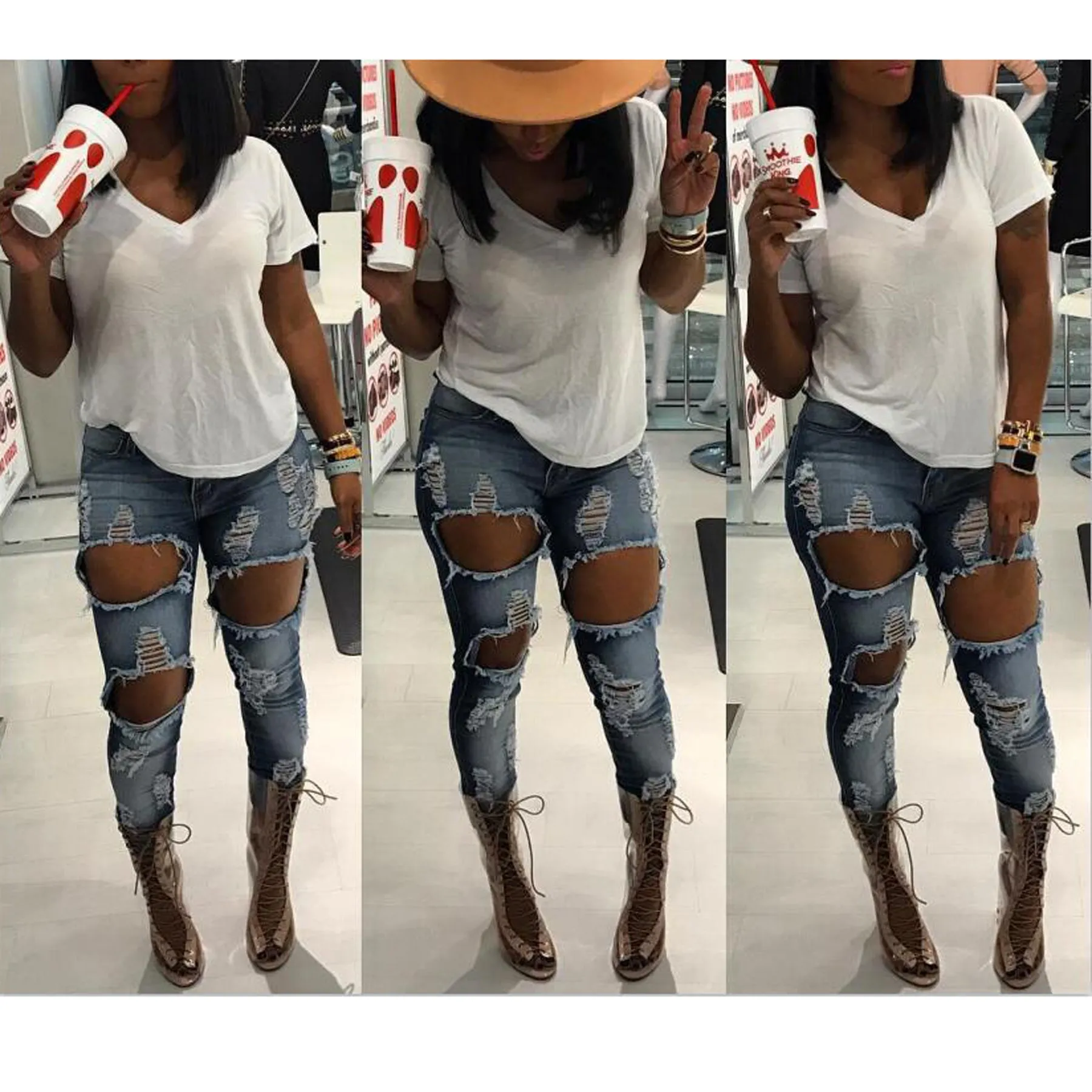 High Waist Hollow Out Rough Holes Skinny Long Jeans