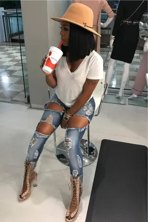 High Waist Hollow Out Rough Holes Skinny Long Jeans