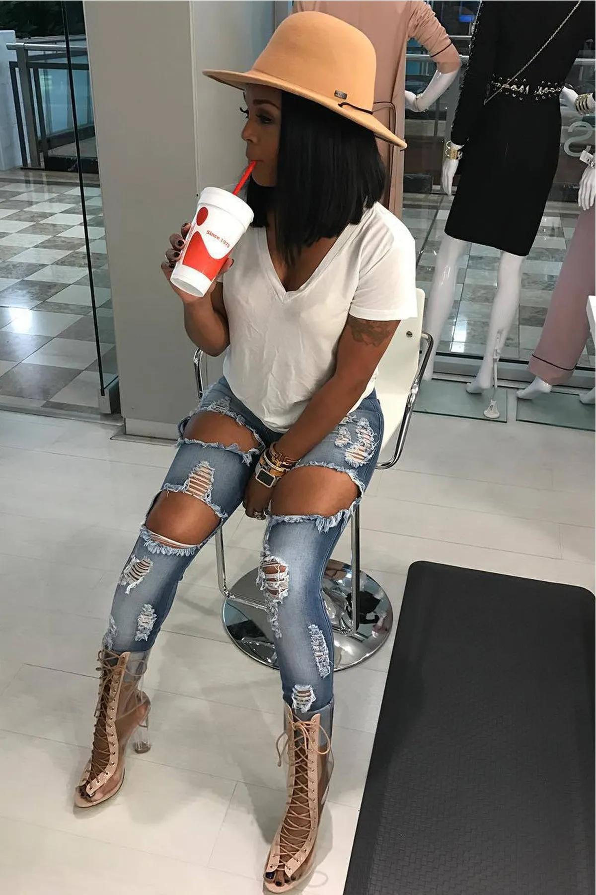 High Waist Hollow Out Rough Holes Skinny Long Jeans
