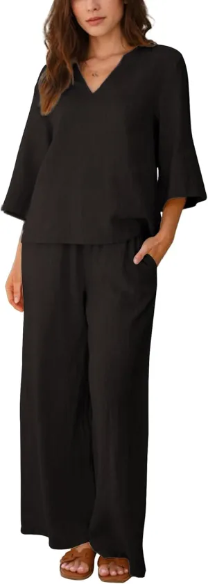 Hixiaohe Womens 2 Piece Outfits Casual 3/4 Sleeve V Neck Tops Wide Leg Pants Linen Lounge Sets Tracksuits Travel Outfits