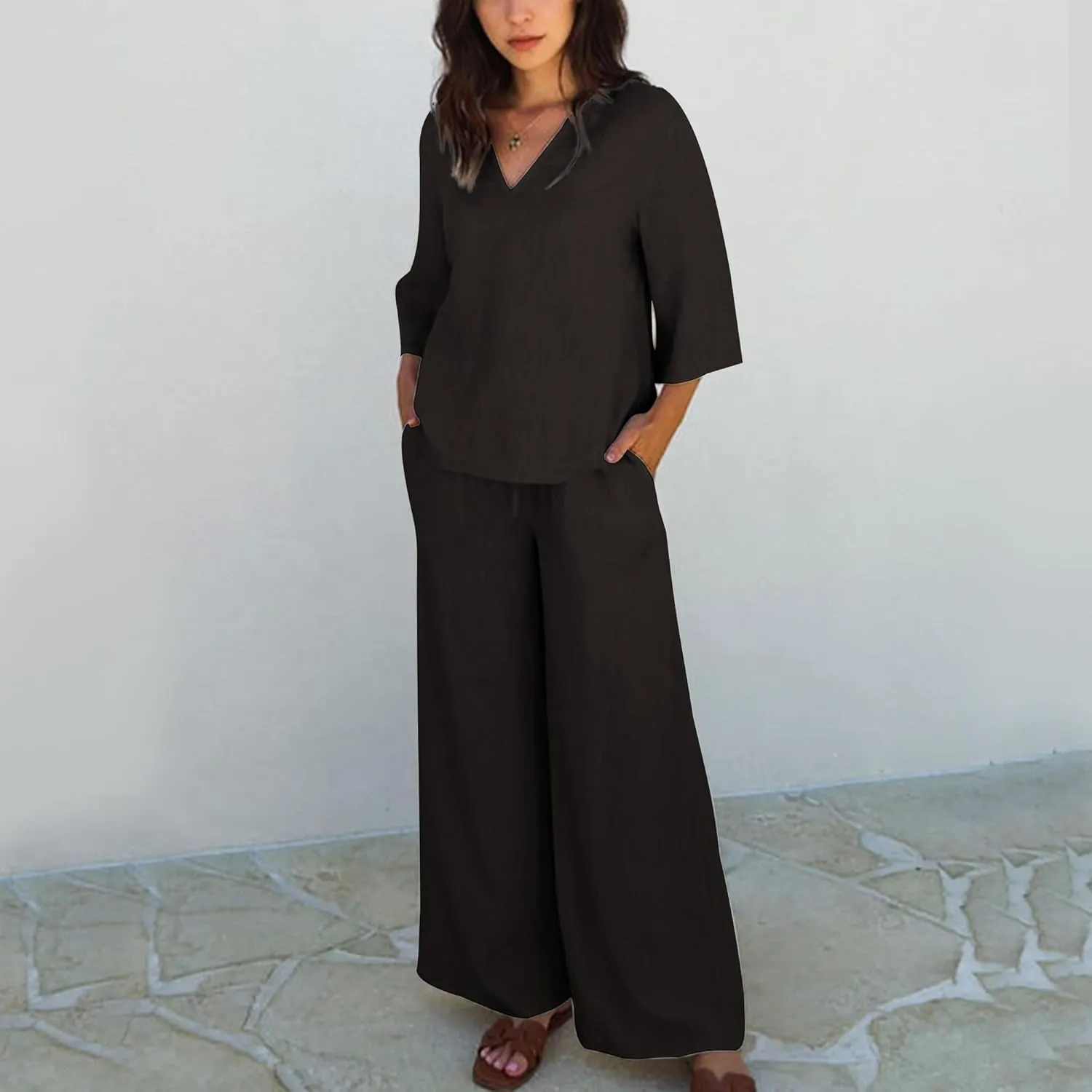Hixiaohe Womens 2 Piece Outfits Casual 3/4 Sleeve V Neck Tops Wide Leg Pants Linen Lounge Sets Tracksuits Travel Outfits