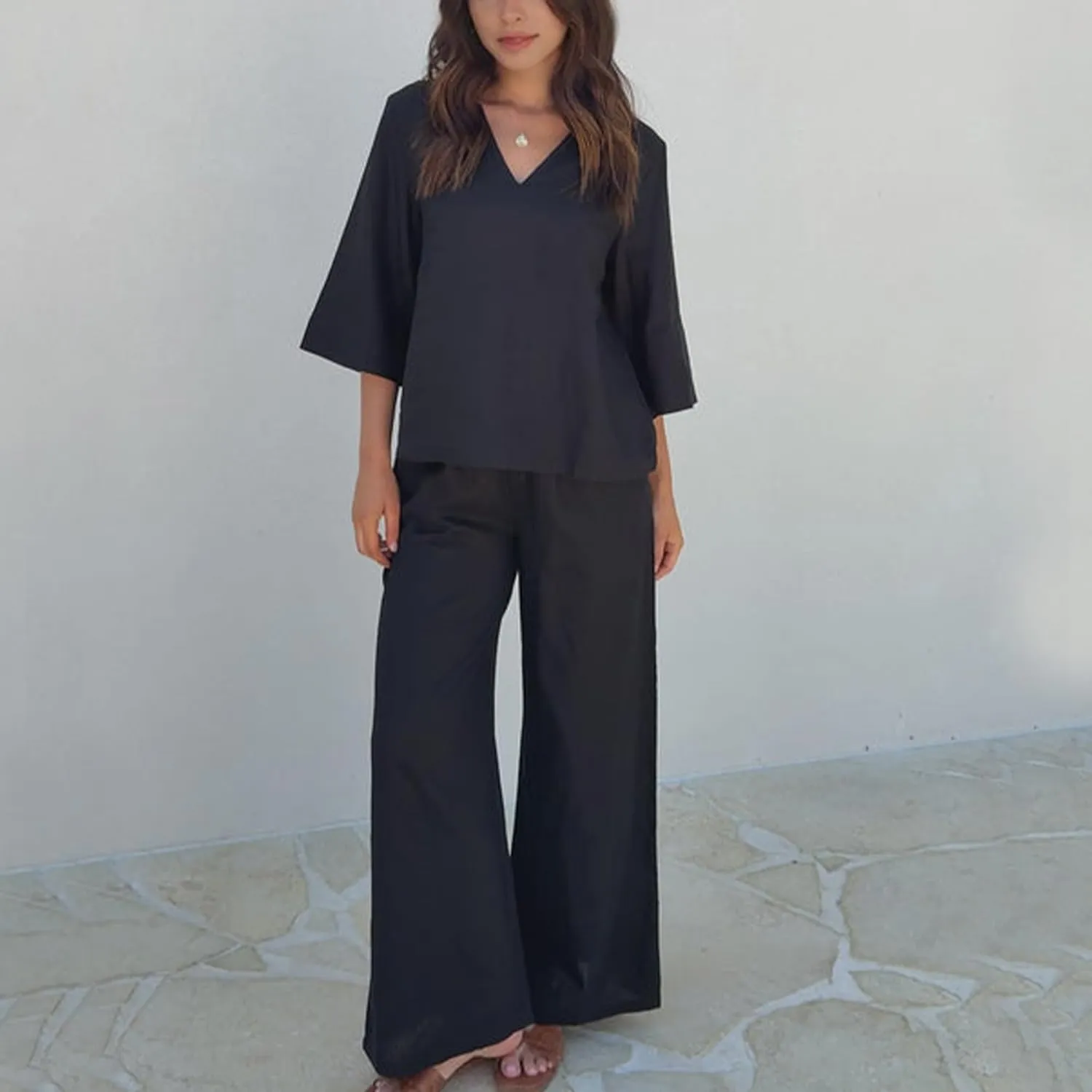 Hixiaohe Womens 2 Piece Outfits Casual 3/4 Sleeve V Neck Tops Wide Leg Pants Linen Lounge Sets Tracksuits Travel Outfits