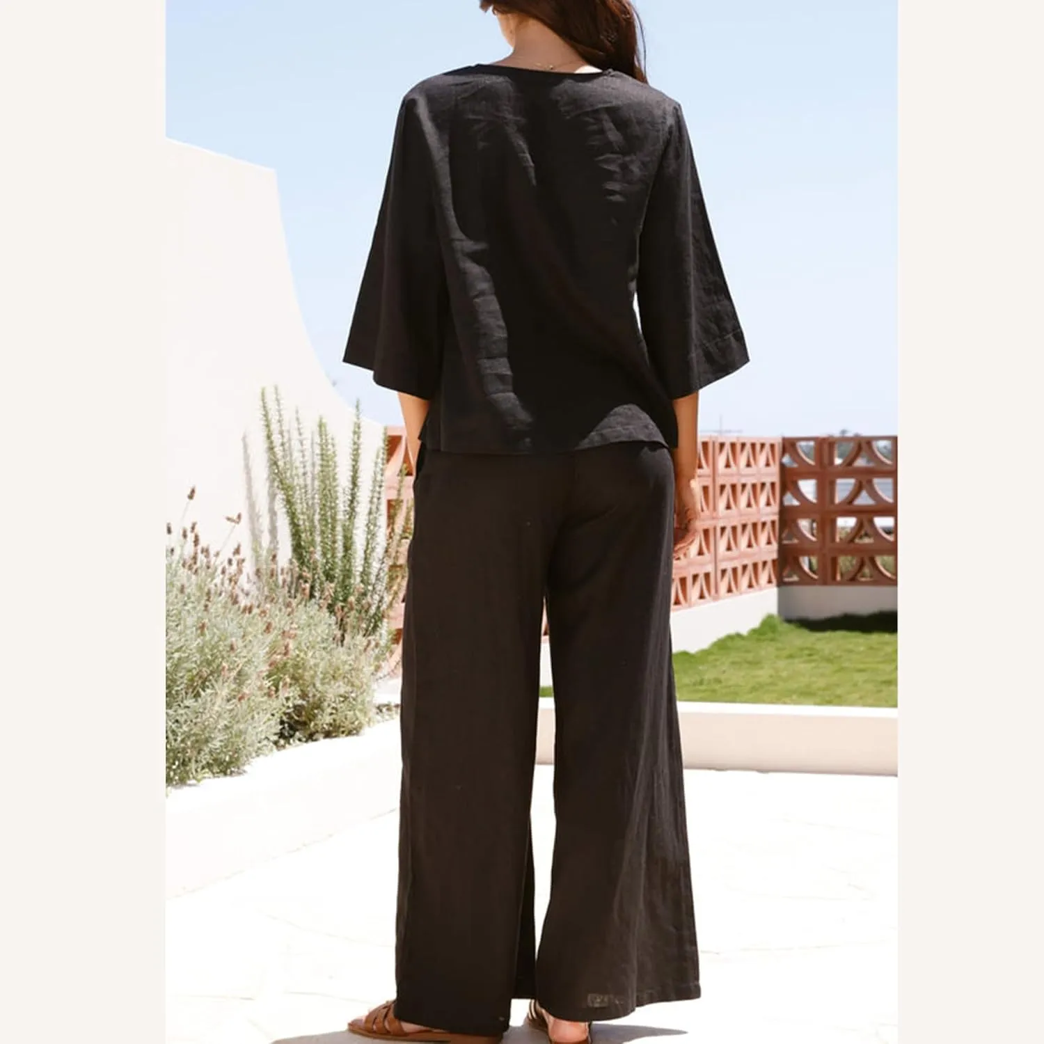 Hixiaohe Womens 2 Piece Outfits Casual 3/4 Sleeve V Neck Tops Wide Leg Pants Linen Lounge Sets Tracksuits Travel Outfits