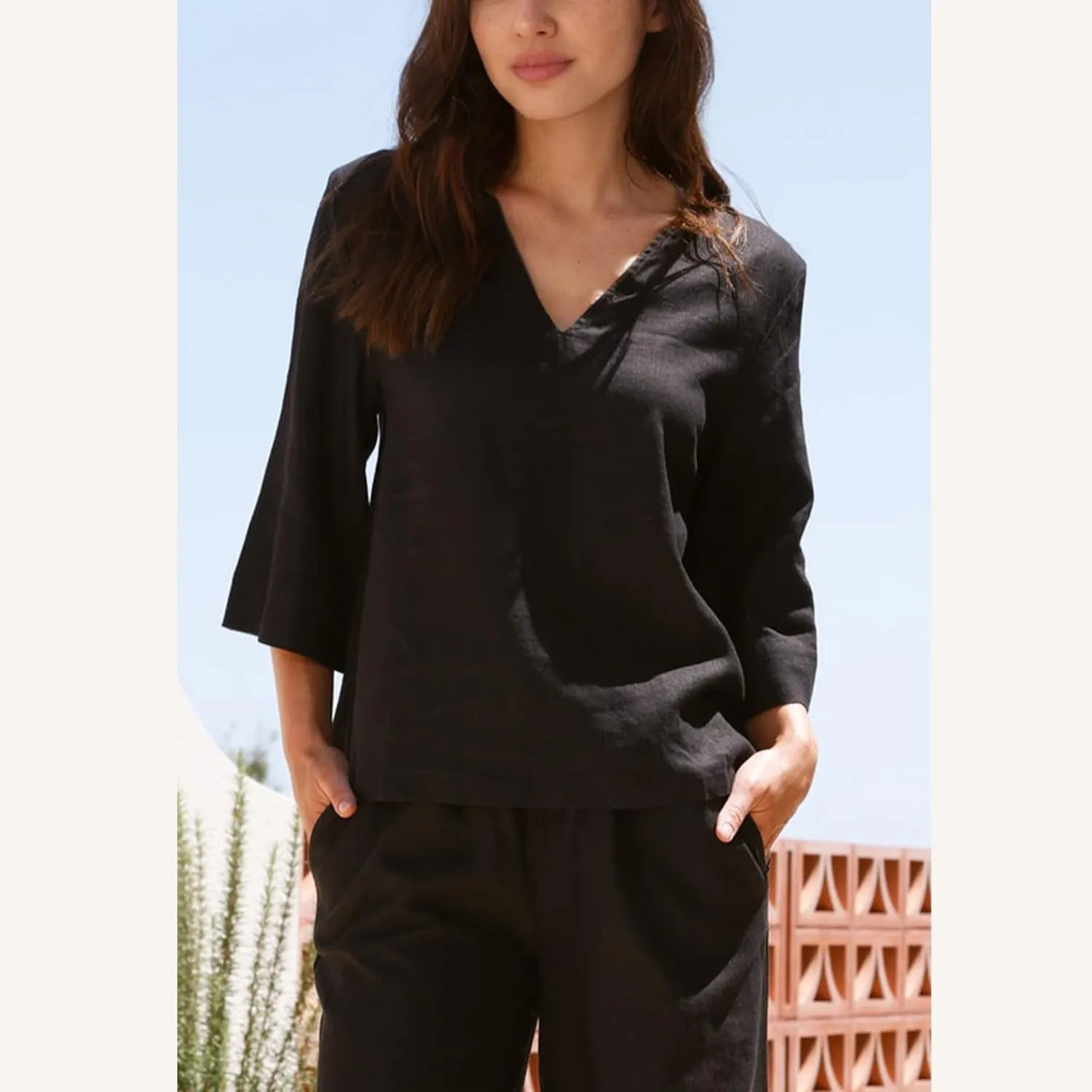 Hixiaohe Womens 2 Piece Outfits Casual 3/4 Sleeve V Neck Tops Wide Leg Pants Linen Lounge Sets Tracksuits Travel Outfits