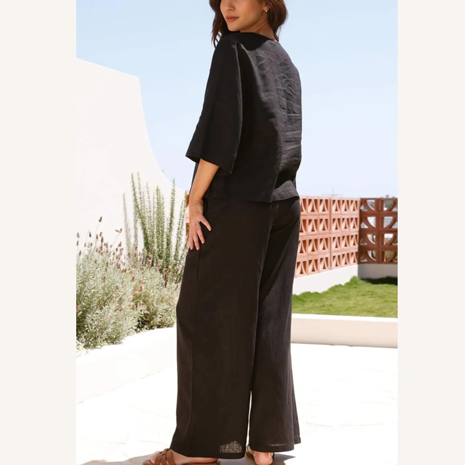 Hixiaohe Womens 2 Piece Outfits Casual 3/4 Sleeve V Neck Tops Wide Leg Pants Linen Lounge Sets Tracksuits Travel Outfits