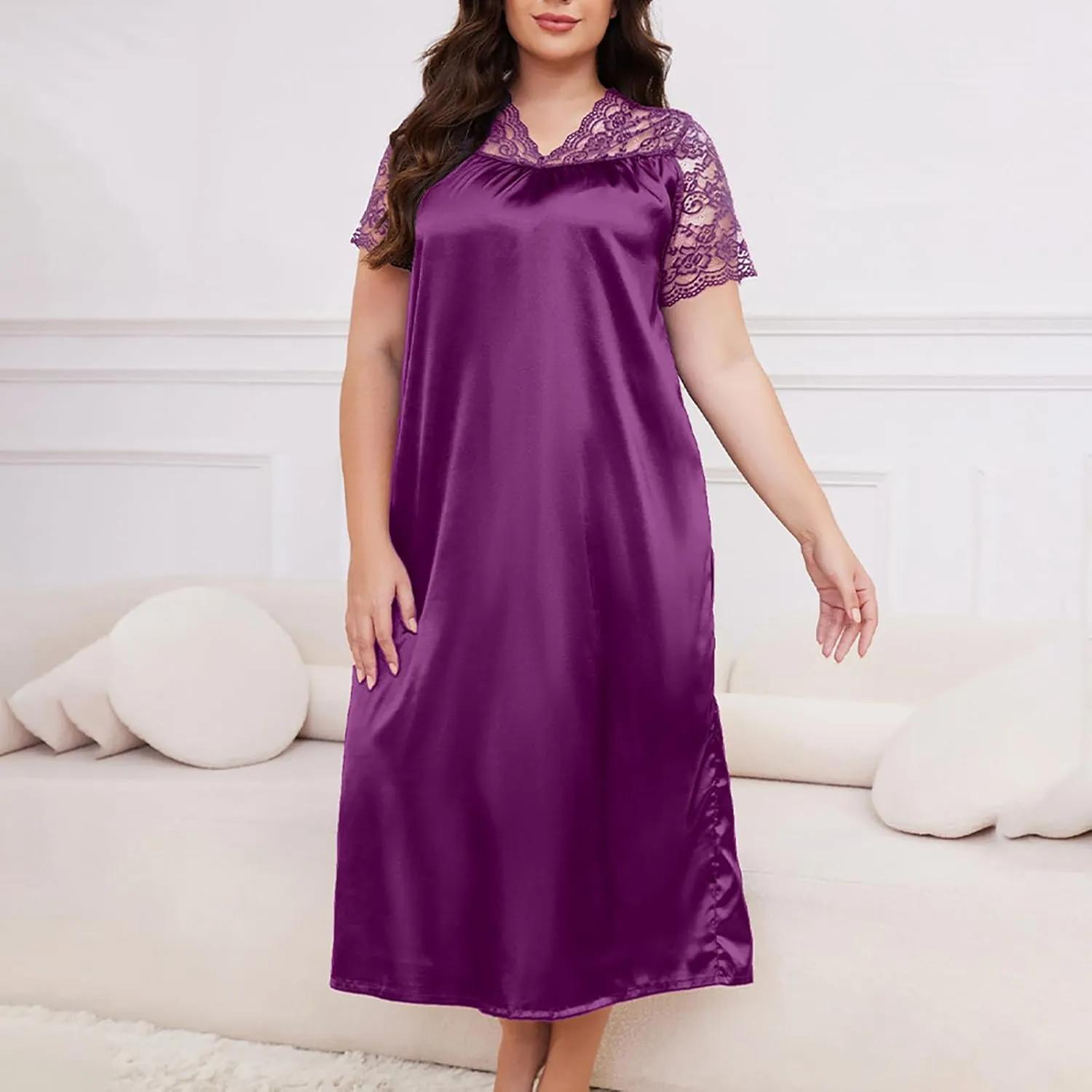 hlysgo Womens Summer Satin V Neck Midi Dress Floral Lace Short Sleeve Nightgown Plus Size Long Dress Loungewear