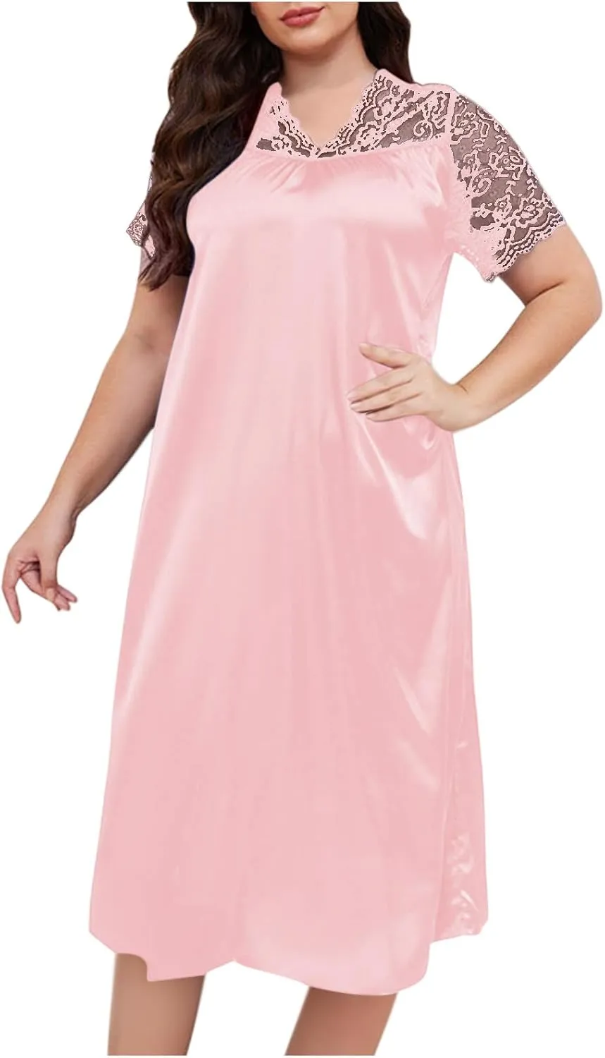 hlysgo Womens Summer Satin V Neck Midi Dress Floral Lace Short Sleeve Nightgown Plus Size Long Dress Loungewear