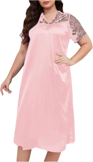 hlysgo Womens Summer Satin V Neck Midi Dress Floral Lace Short Sleeve Nightgown Plus Size Long Dress Loungewear