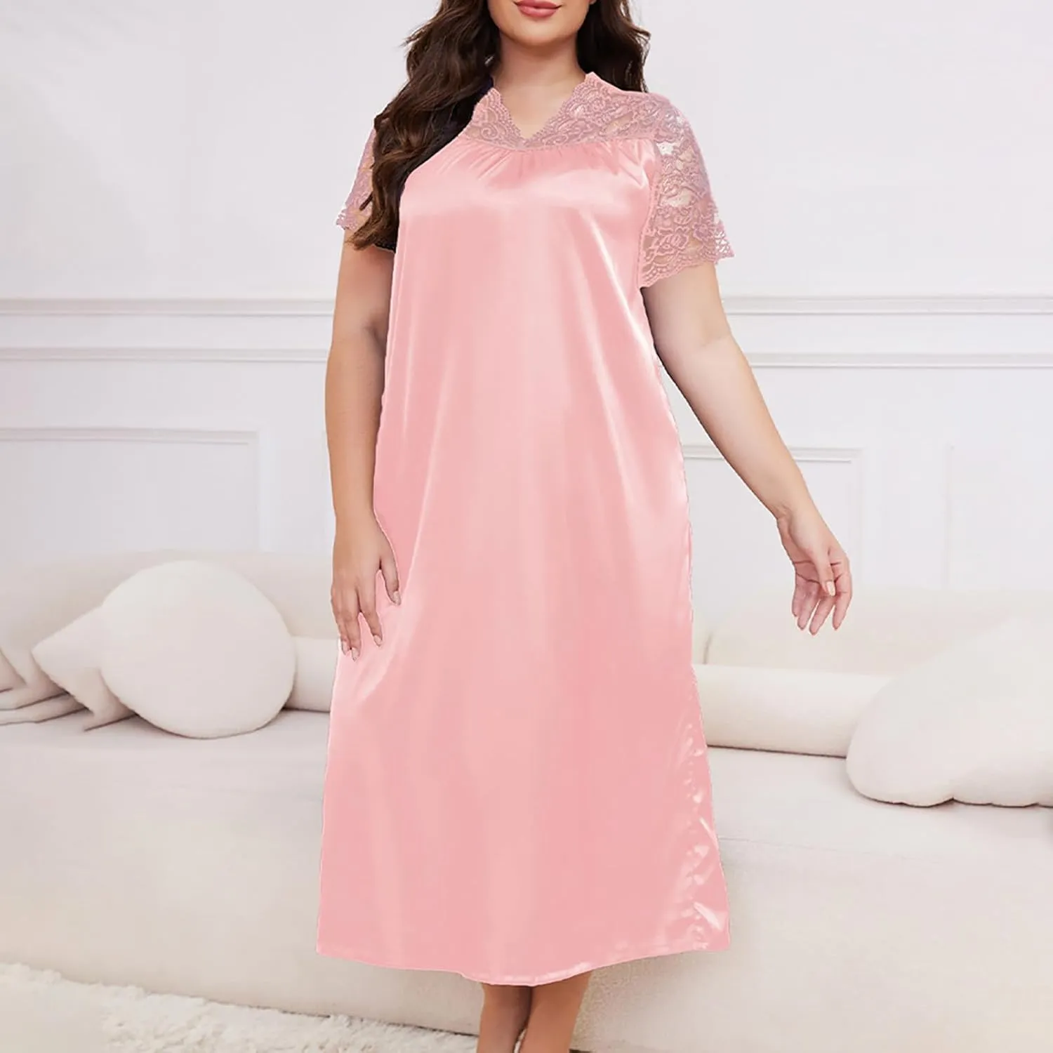 hlysgo Womens Summer Satin V Neck Midi Dress Floral Lace Short Sleeve Nightgown Plus Size Long Dress Loungewear