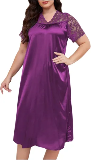 hlysgo Womens Summer Satin V Neck Midi Dress Floral Lace Short Sleeve Nightgown Plus Size Long Dress Loungewear