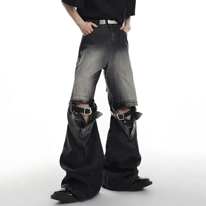 Hollow Patchwork Wide Leg Denim Pants