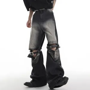 Hollow Patchwork Wide Leg Denim Pants