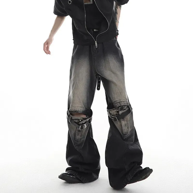 Hollow Patchwork Wide Leg Denim Pants