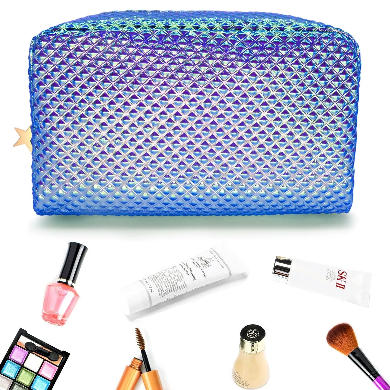 Holographic Cosmetic Bag Makeup Bag Toiletry Travel Bag Handy Large Protable Wash Pouch Waterproof Zipper Handbag Carry Case Organizer Mermaid Makeup Brush bag(shiny purple bag)