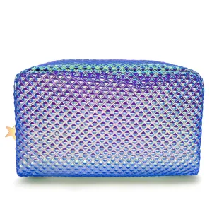 Holographic Cosmetic Bag Makeup Bag Toiletry Travel Bag Handy Large Protable Wash Pouch Waterproof Zipper Handbag Carry Case Organizer Mermaid Makeup Brush bag(shiny purple bag)