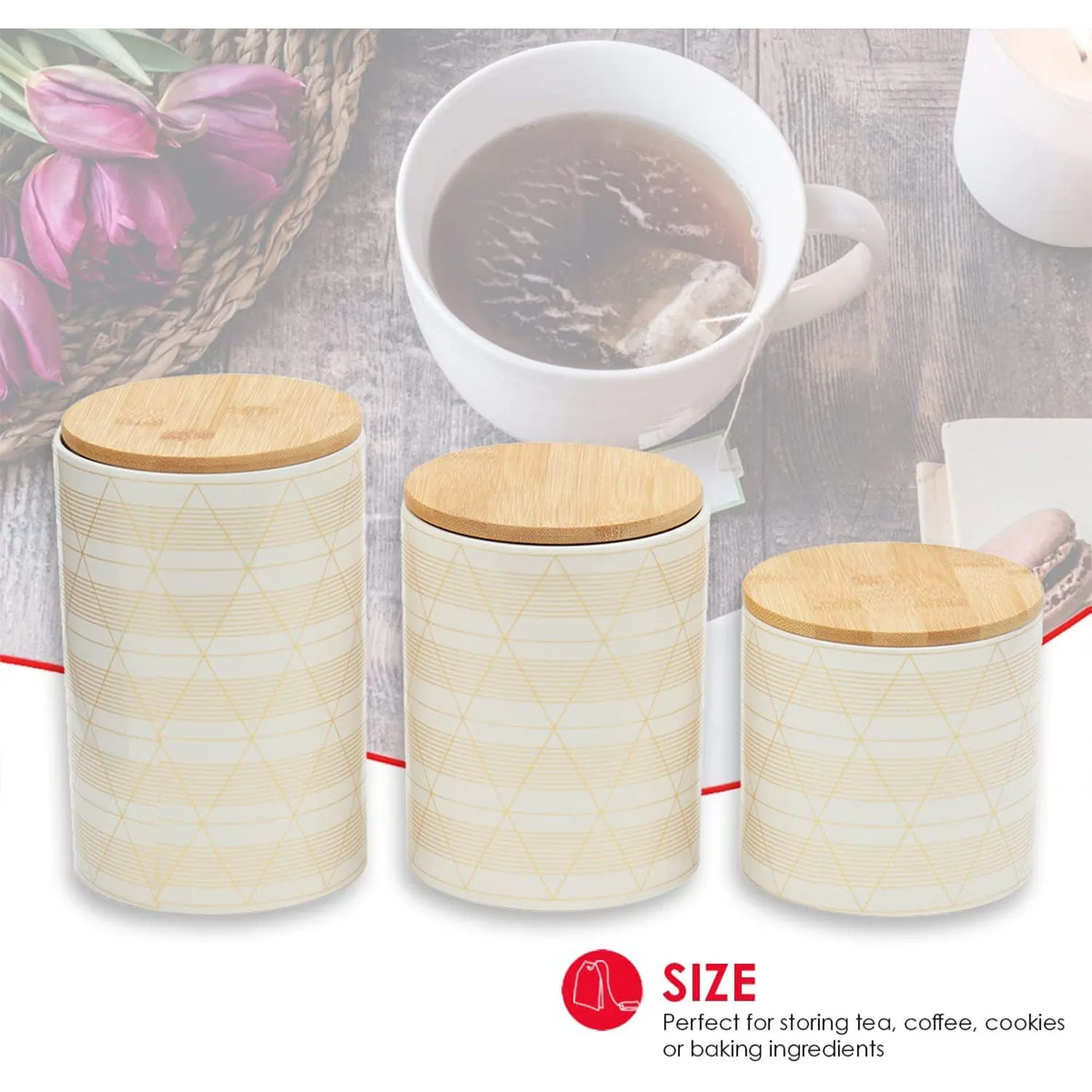 Home Basics 3 Piece Ceramic Canister Set with Bamboo Lids, Diamond White