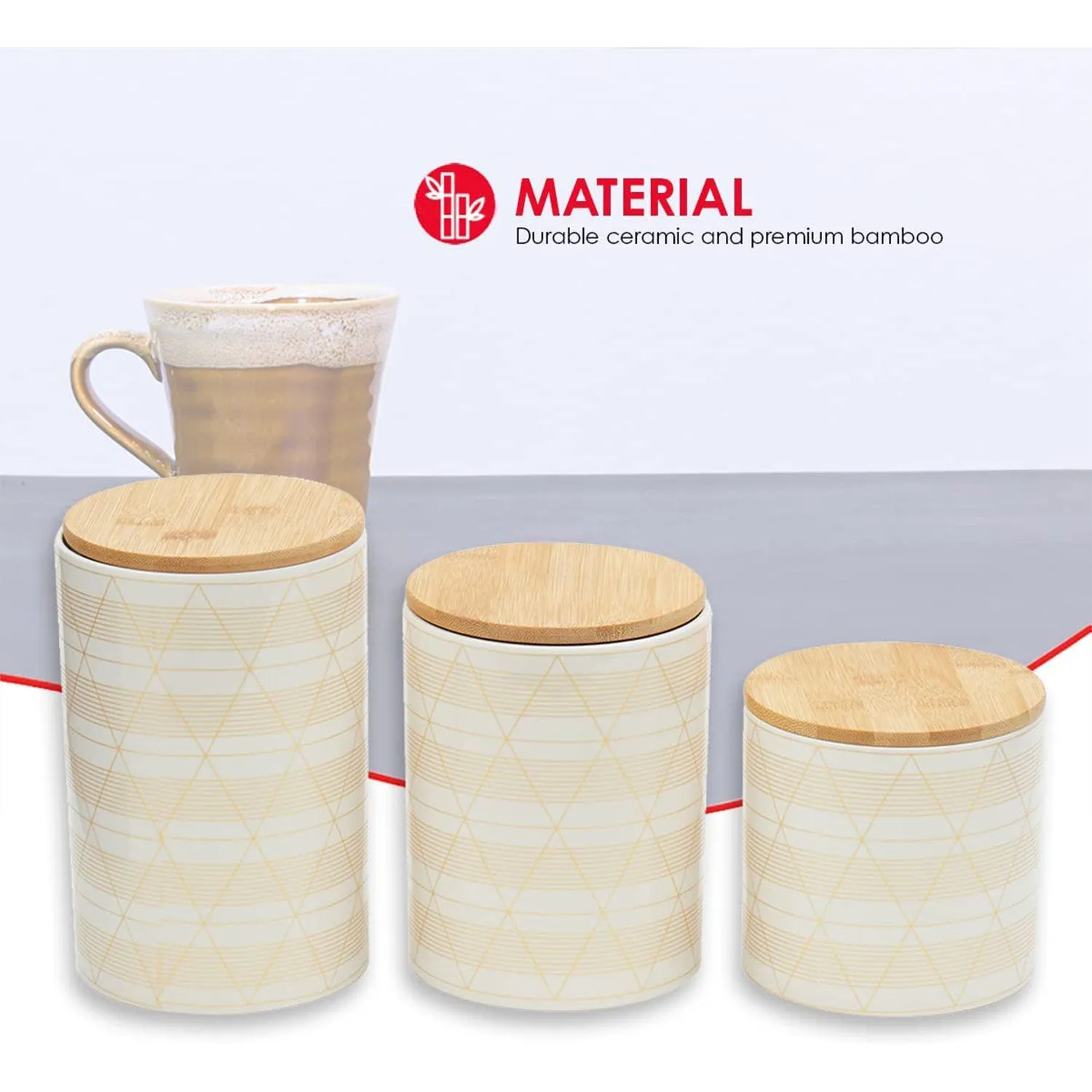 Home Basics 3 Piece Ceramic Canister Set with Bamboo Lids, Diamond White