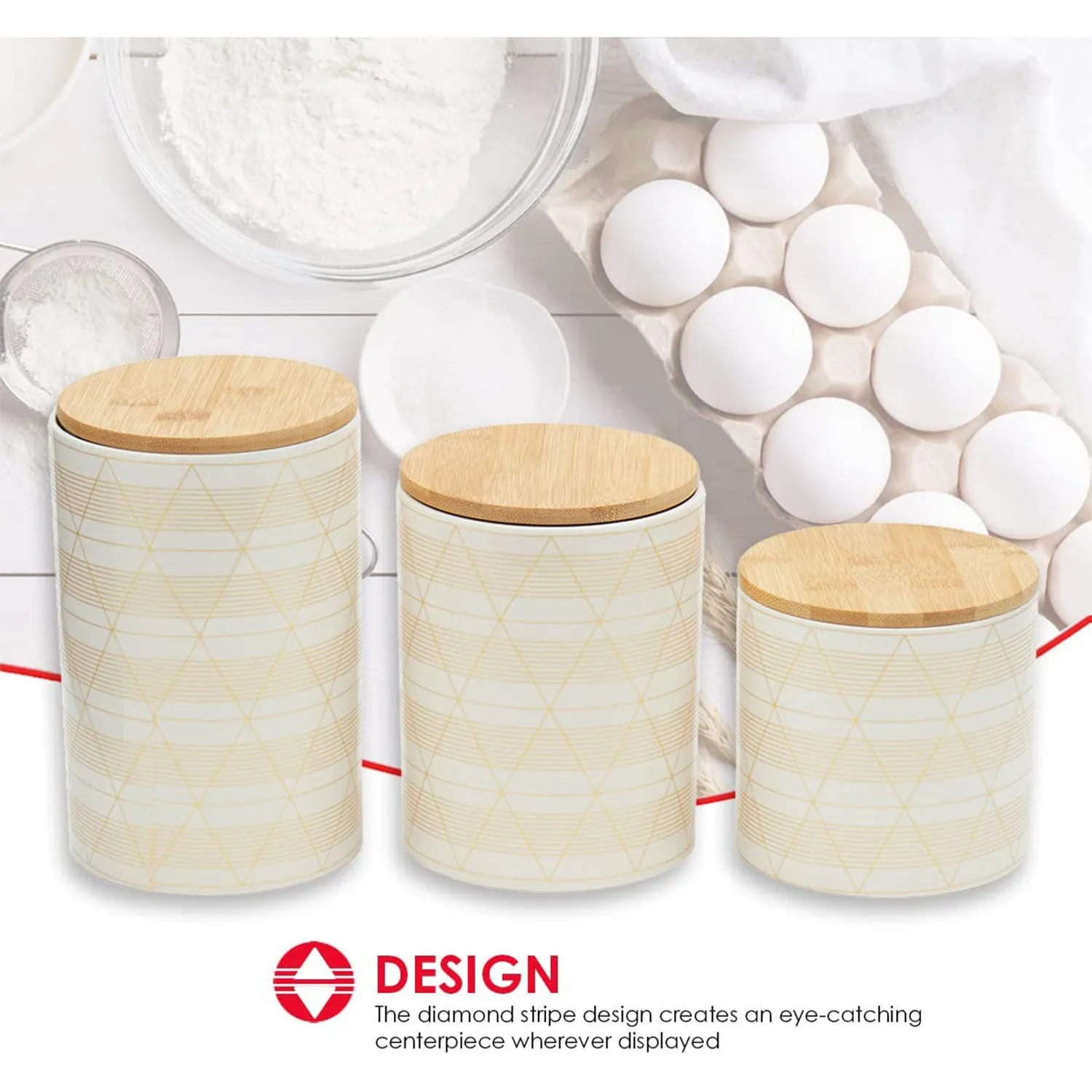 Home Basics 3 Piece Ceramic Canister Set with Bamboo Lids, Diamond White