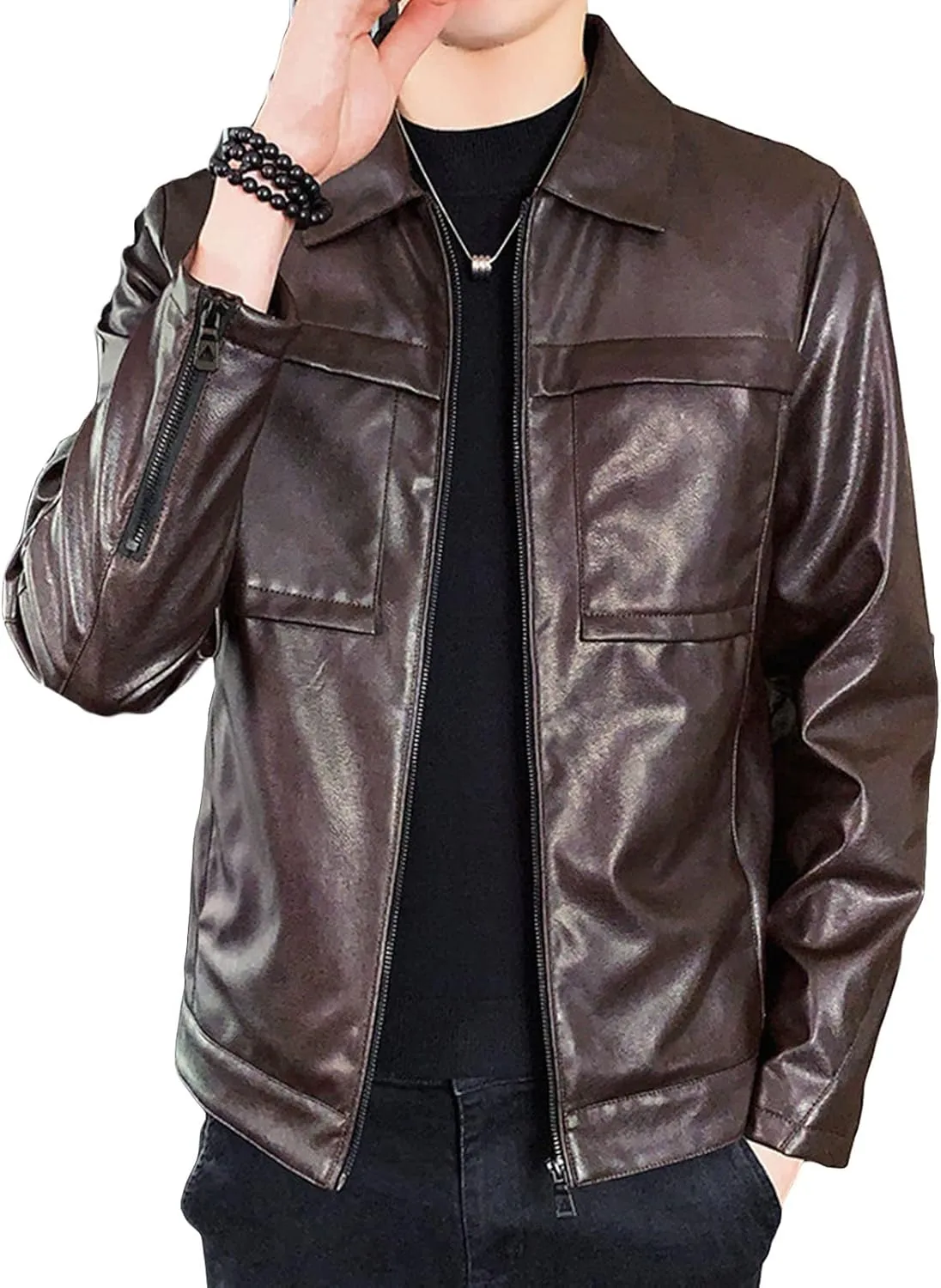 JEKE-DG Shacket Jacket Leather Windbreaker Sweater Turn Down Collar Blazer Plus Size Top Zipper Motorcycle Soft Youth Shacket (Medium,Coffee)