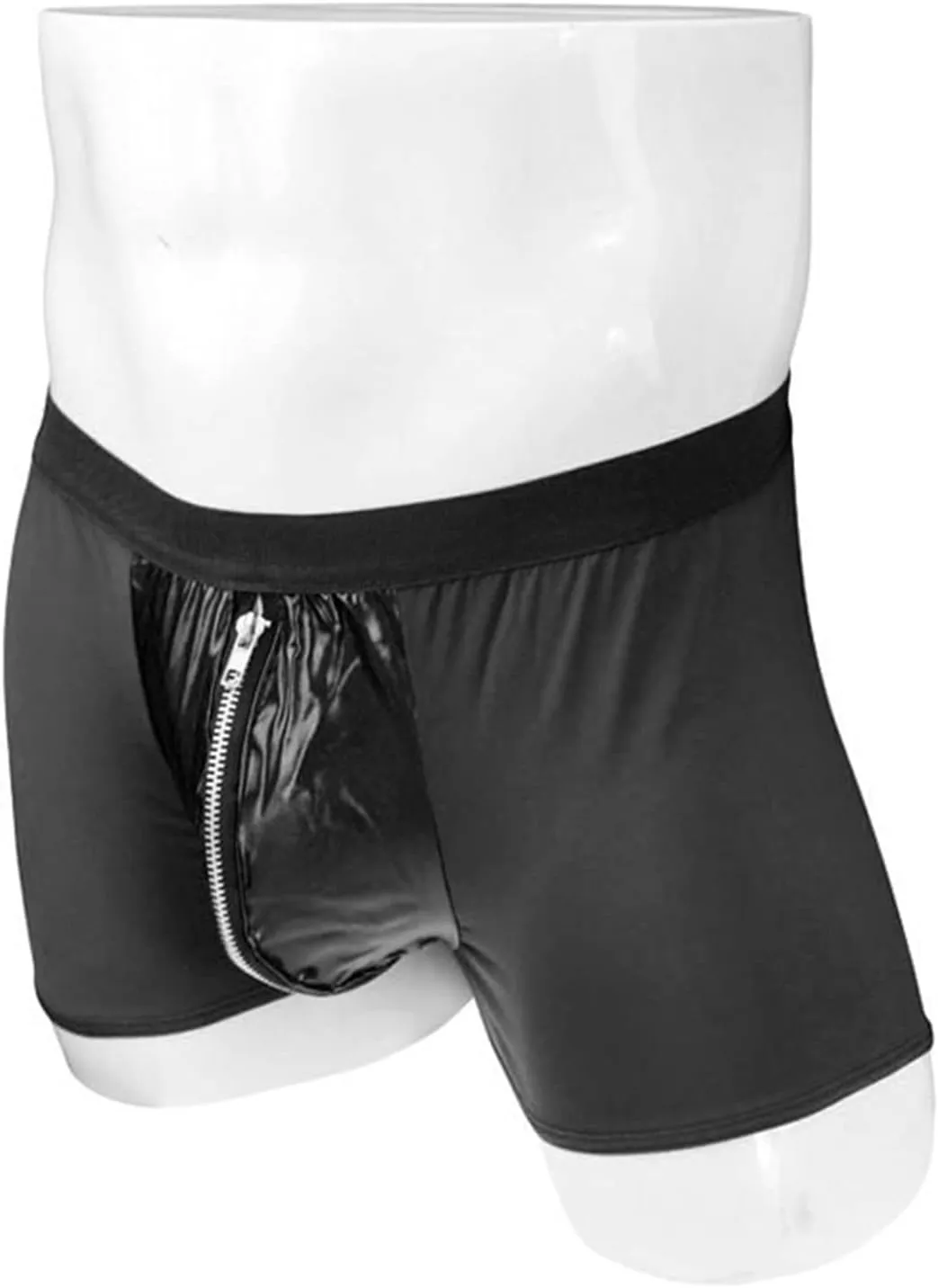 JEsilunmaMY Men's Faux Leather Boxer Briefs Ice Silk Mide Rise Open Zipper Pouch Underwear Stretch Comfortable Sexy Panties