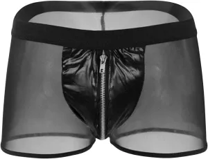 JEsilunmaMY Men's Zip Pouch Boxer Briefs Mid Waist Mesh Sheer Leather Underwear See Through Breathable Shorts Boxer Lingerie