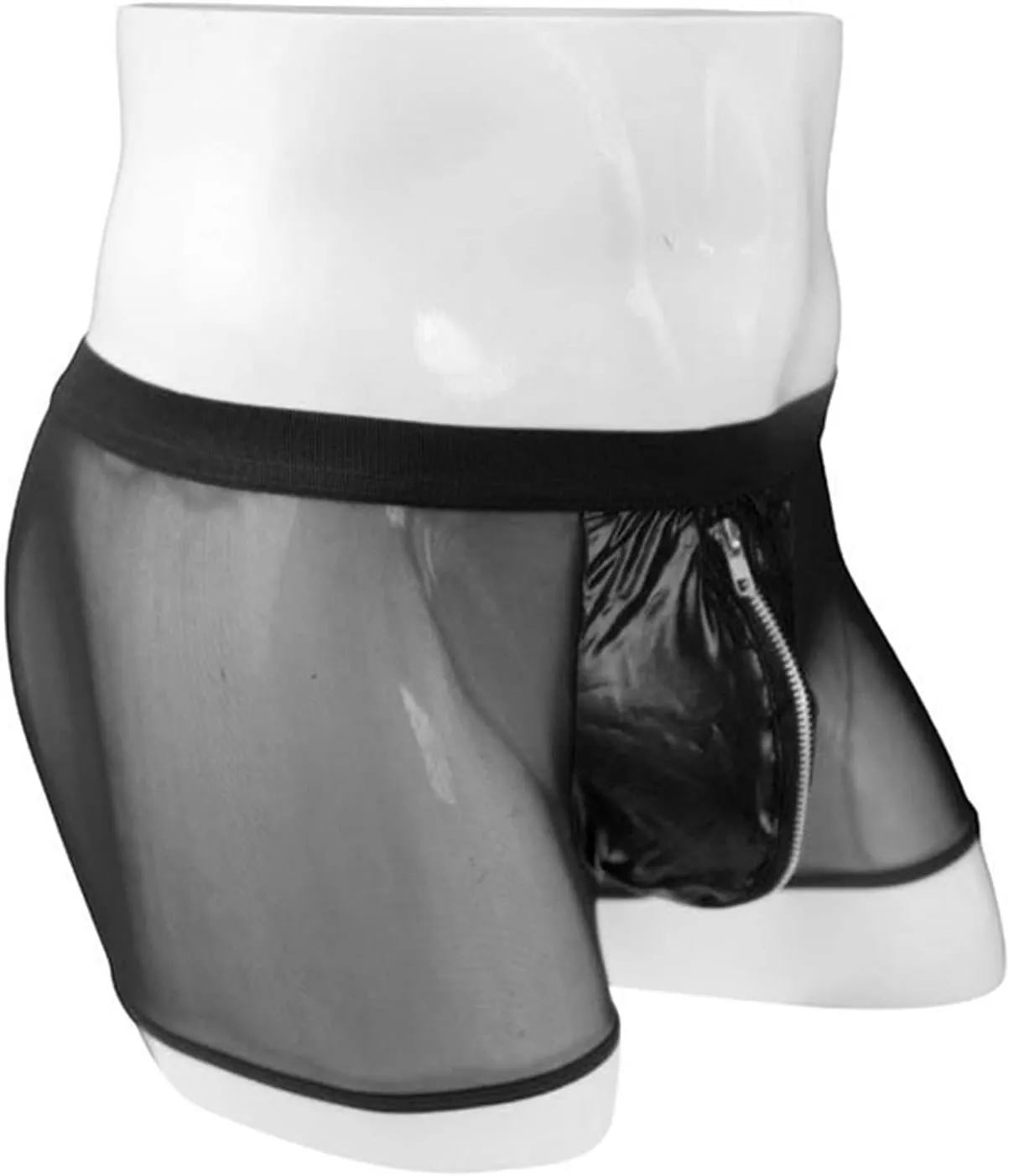 JEsilunmaMY Men's Zip Pouch Boxer Briefs Mid Waist Mesh Sheer Leather Underwear See Through Breathable Shorts Boxer Lingerie