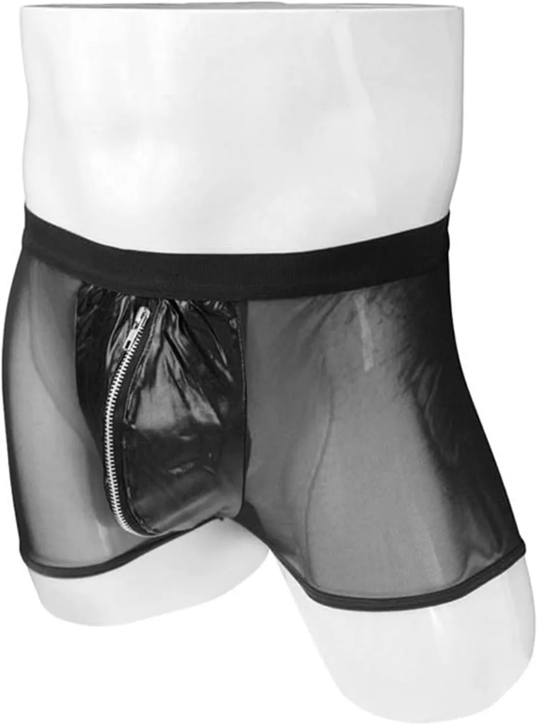 JEsilunmaMY Men's Zip Pouch Boxer Briefs Mid Waist Mesh Sheer Leather Underwear See Through Breathable Shorts Boxer Lingerie