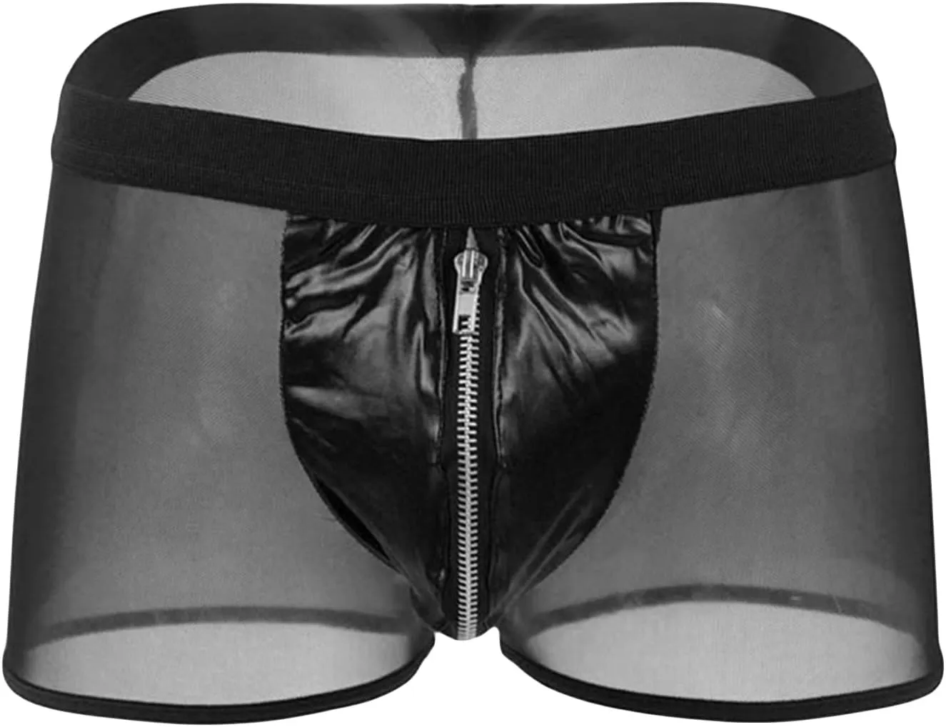 JEsilunmaMY Men's Zip Pouch Boxer Briefs Mid Waist Mesh Sheer Leather Underwear See Through Breathable Shorts Boxer Lingerie