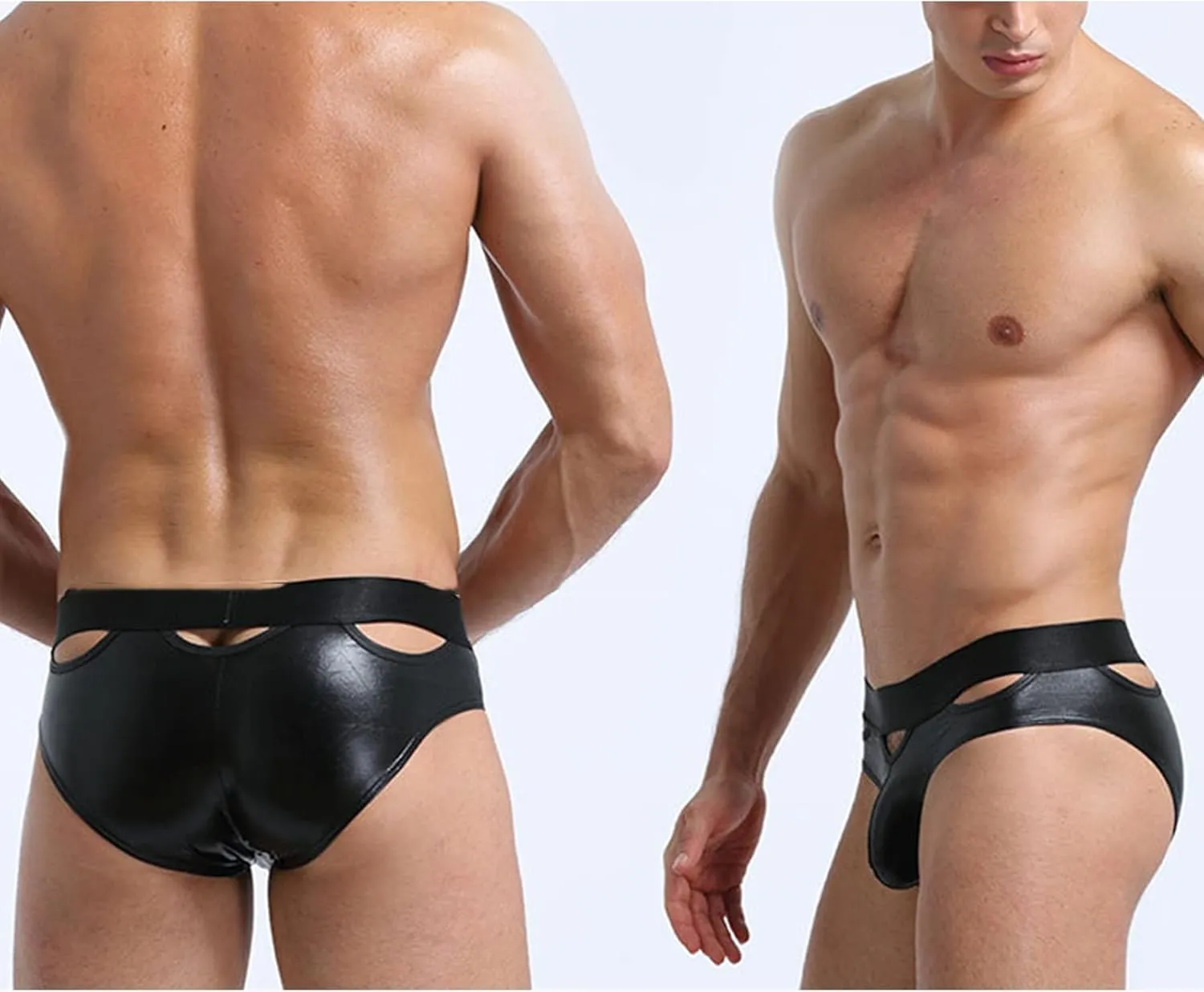 JEsilunmaMY Shiny Leather Briefs for Men Low Waist Hollow Out Bulge Pouch Underwear Sexy Cutout Panties Jockstrap Underpants