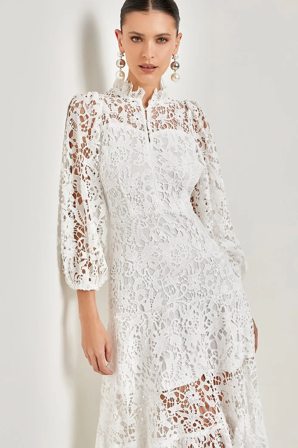 Joa Embroidered Lace Trimmed Flare Maxi Dress