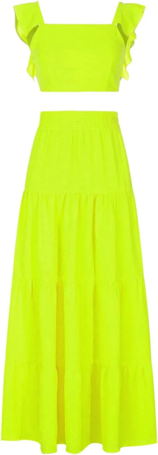 JOAU Women's 2 Piece Outfits Ruffle Spaghetti Strap Crop Top Elastic Waist Pleated A-Line Flowy Tiered Long Skirt Dress Sets