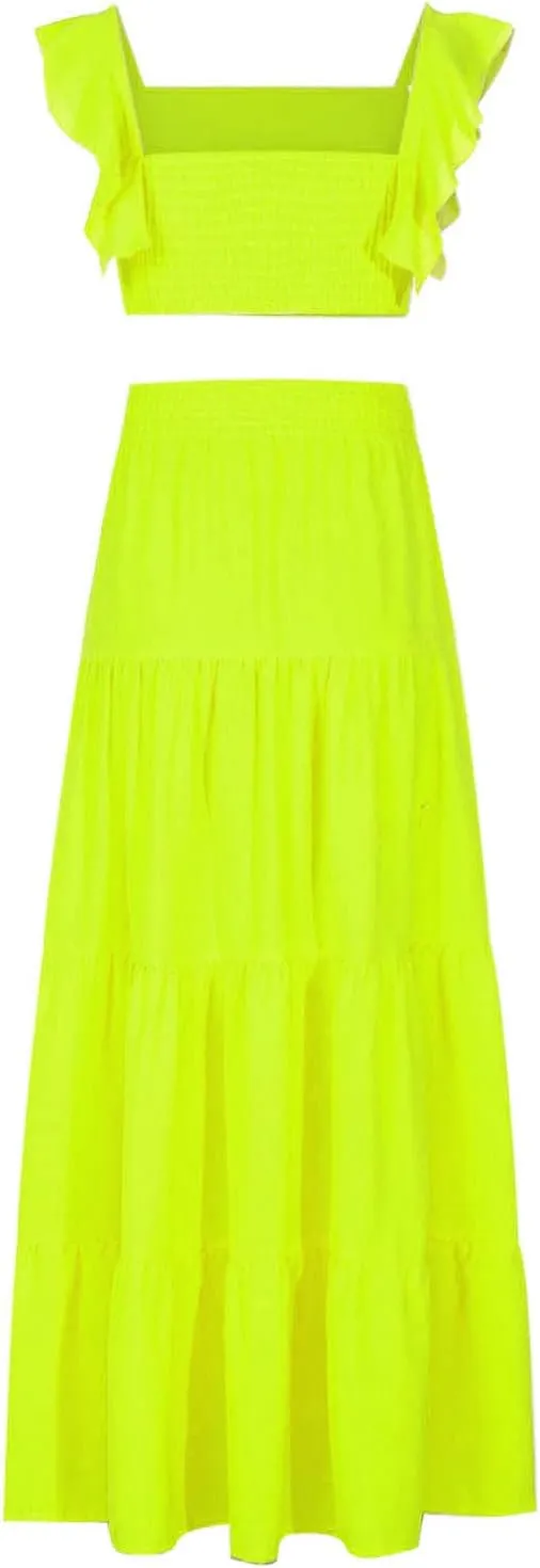 JOAU Women's 2 Piece Outfits Ruffle Spaghetti Strap Crop Top Elastic Waist Pleated A-Line Flowy Tiered Long Skirt Dress Sets
