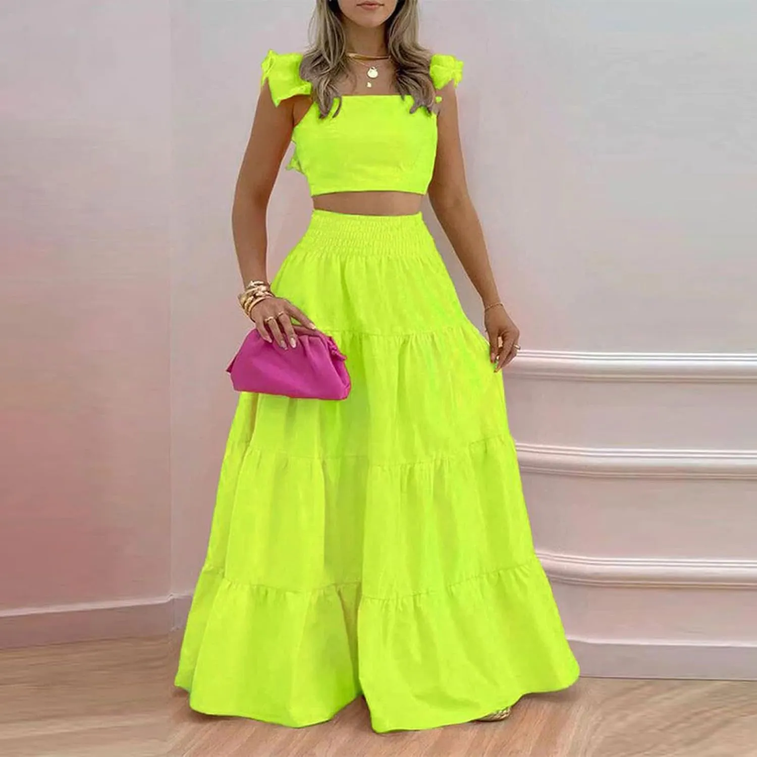 JOAU Women's 2 Piece Outfits Ruffle Spaghetti Strap Crop Top Elastic Waist Pleated A-Line Flowy Tiered Long Skirt Dress Sets