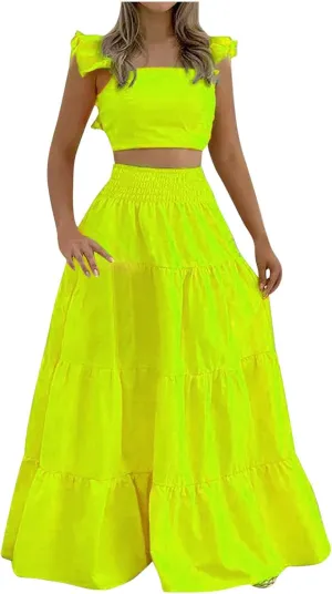 JOAU Women's 2 Piece Outfits Ruffle Spaghetti Strap Crop Top Elastic Waist Pleated A-Line Flowy Tiered Long Skirt Dress Sets