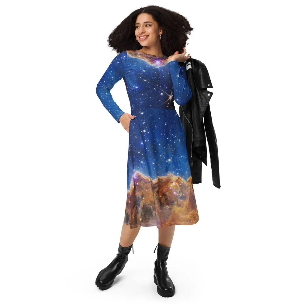 JWST MARVEL-ous Carina Nebula Long-Sleeve Midi Dress with Pockets