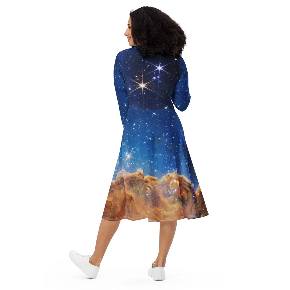 JWST MARVEL-ous Carina Nebula Long-Sleeve Midi Dress with Pockets