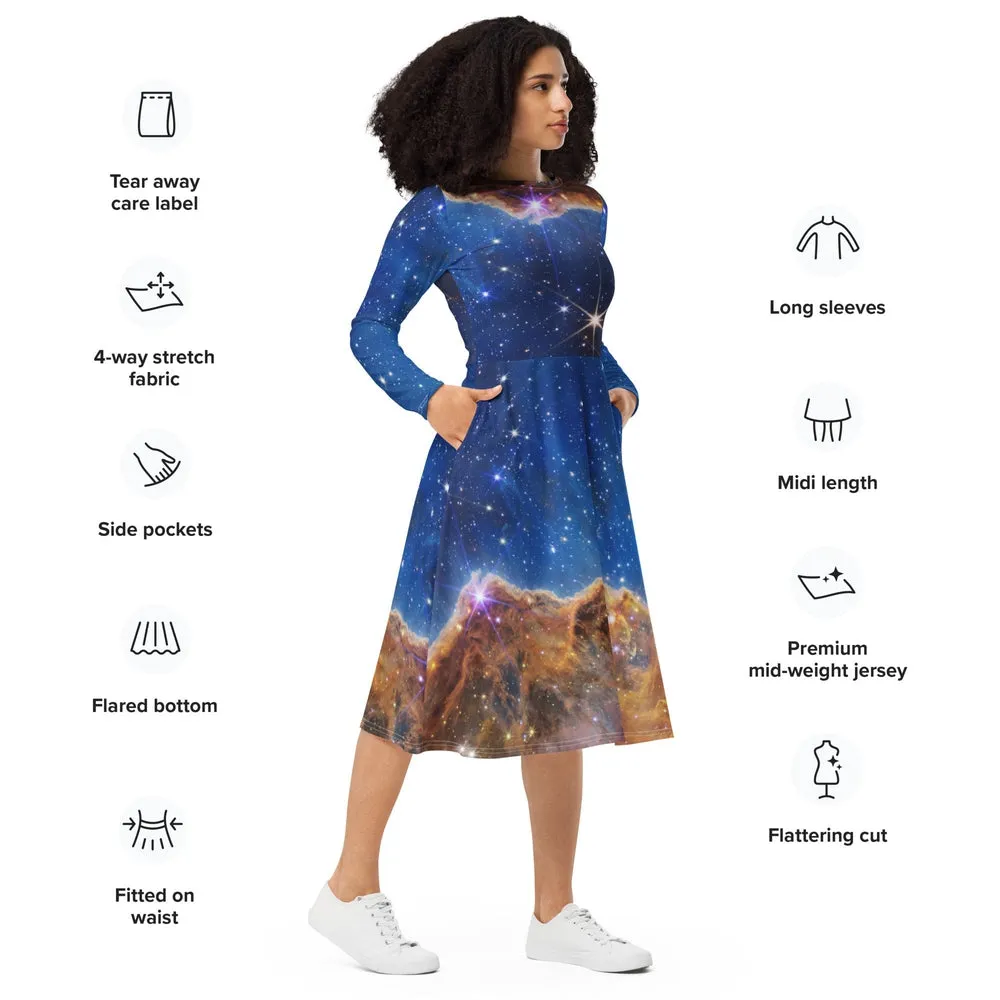 JWST MARVEL-ous Carina Nebula Long-Sleeve Midi Dress with Pockets
