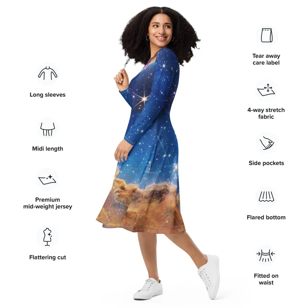 JWST MARVEL-ous Carina Nebula Long-Sleeve Midi Dress with Pockets
