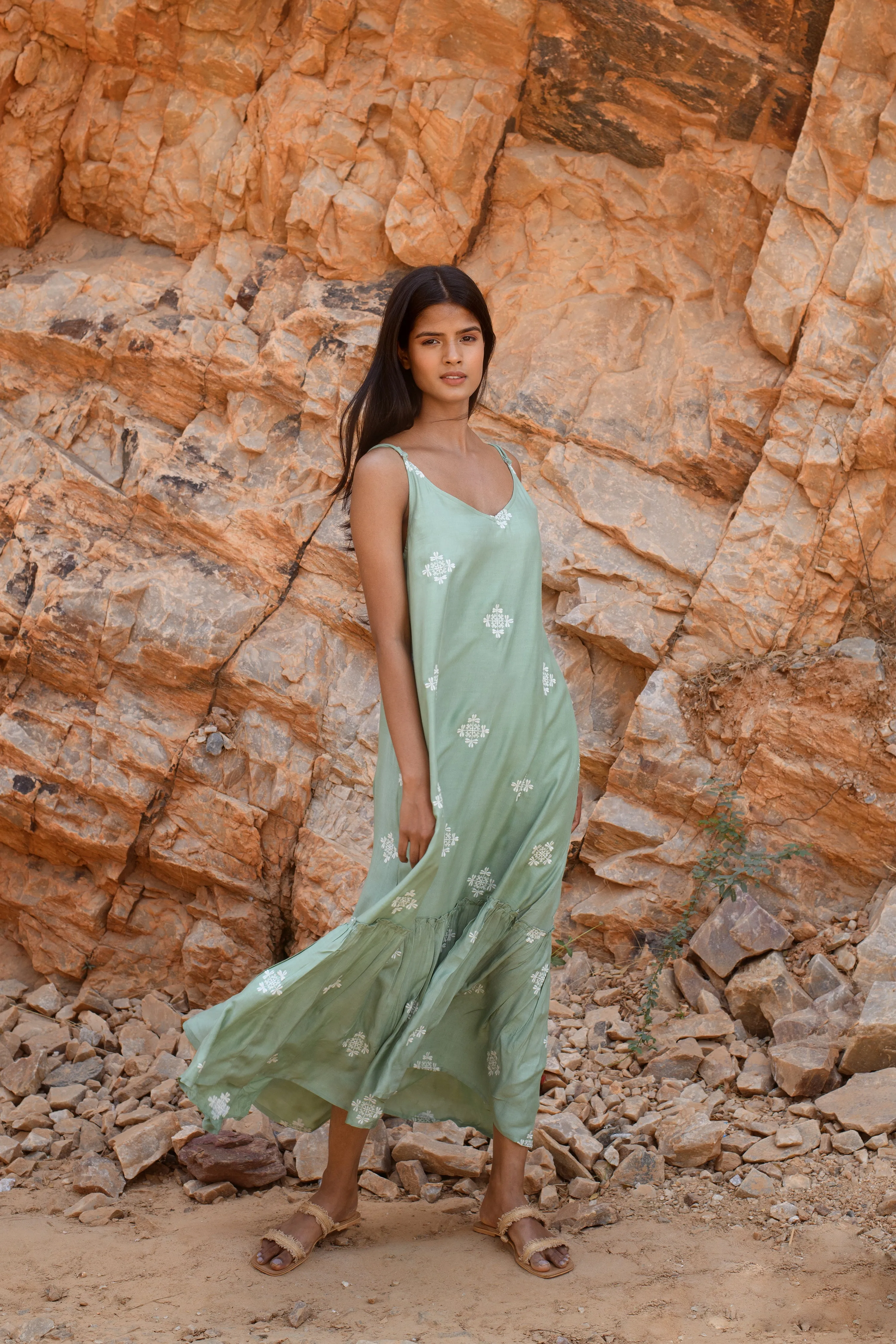 Kapraaha A Green Stripe Embroidered Maxi Dress Green