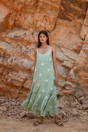 Kapraaha A Green Stripe Embroidered Maxi Dress Green