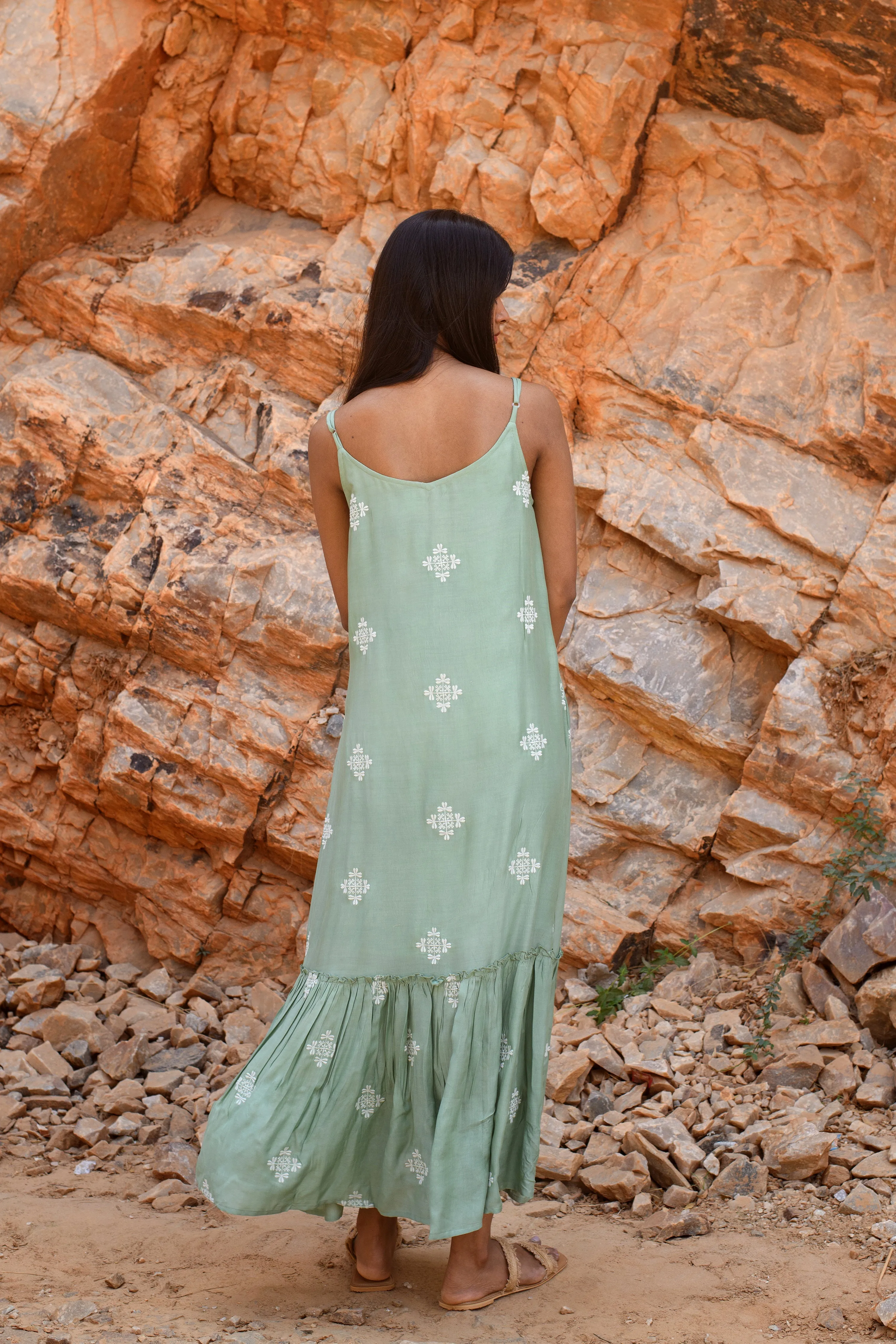 Kapraaha A Green Stripe Embroidered Maxi Dress Green