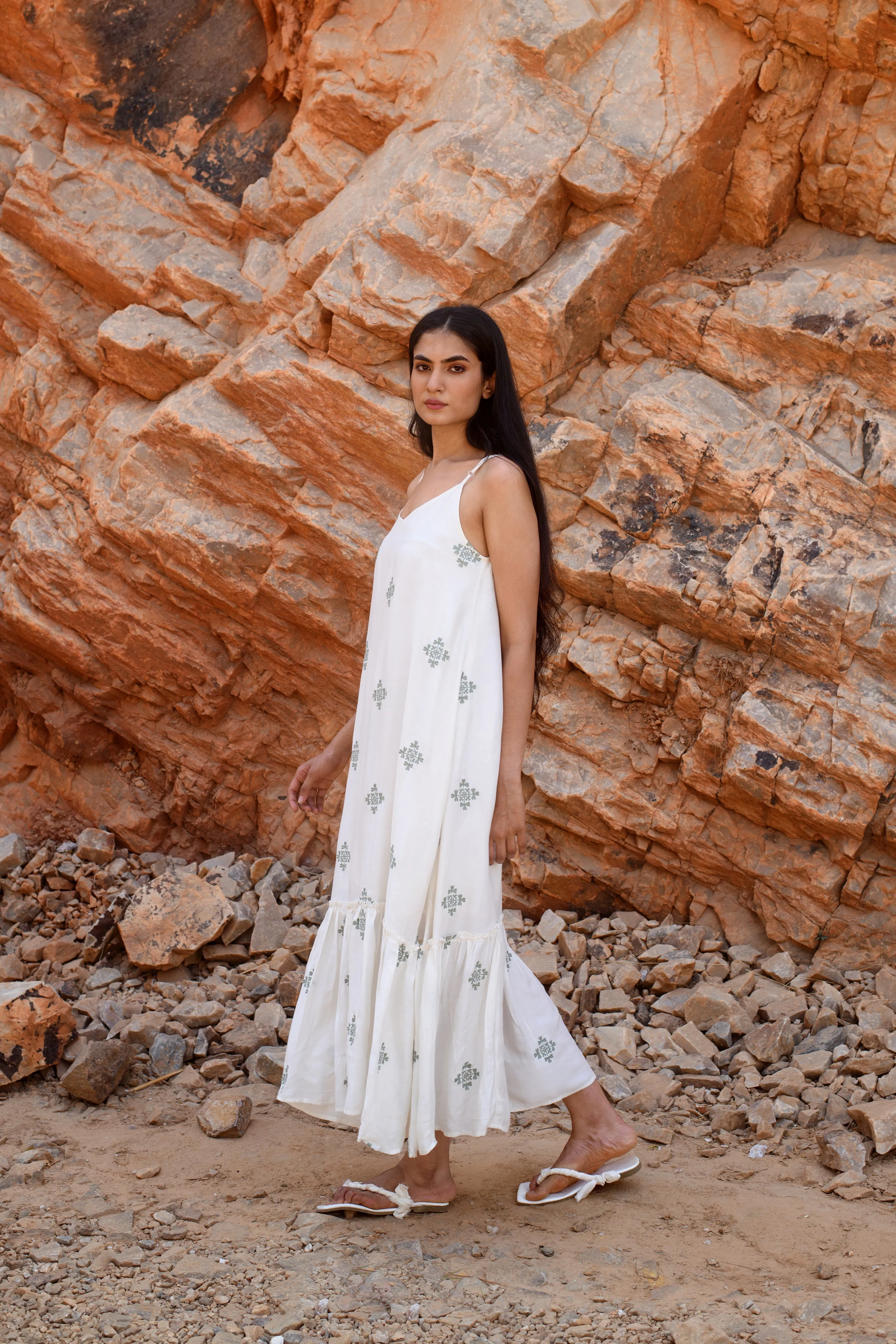 Kapraaha A White Stripe Embroidered Maxi Dress White