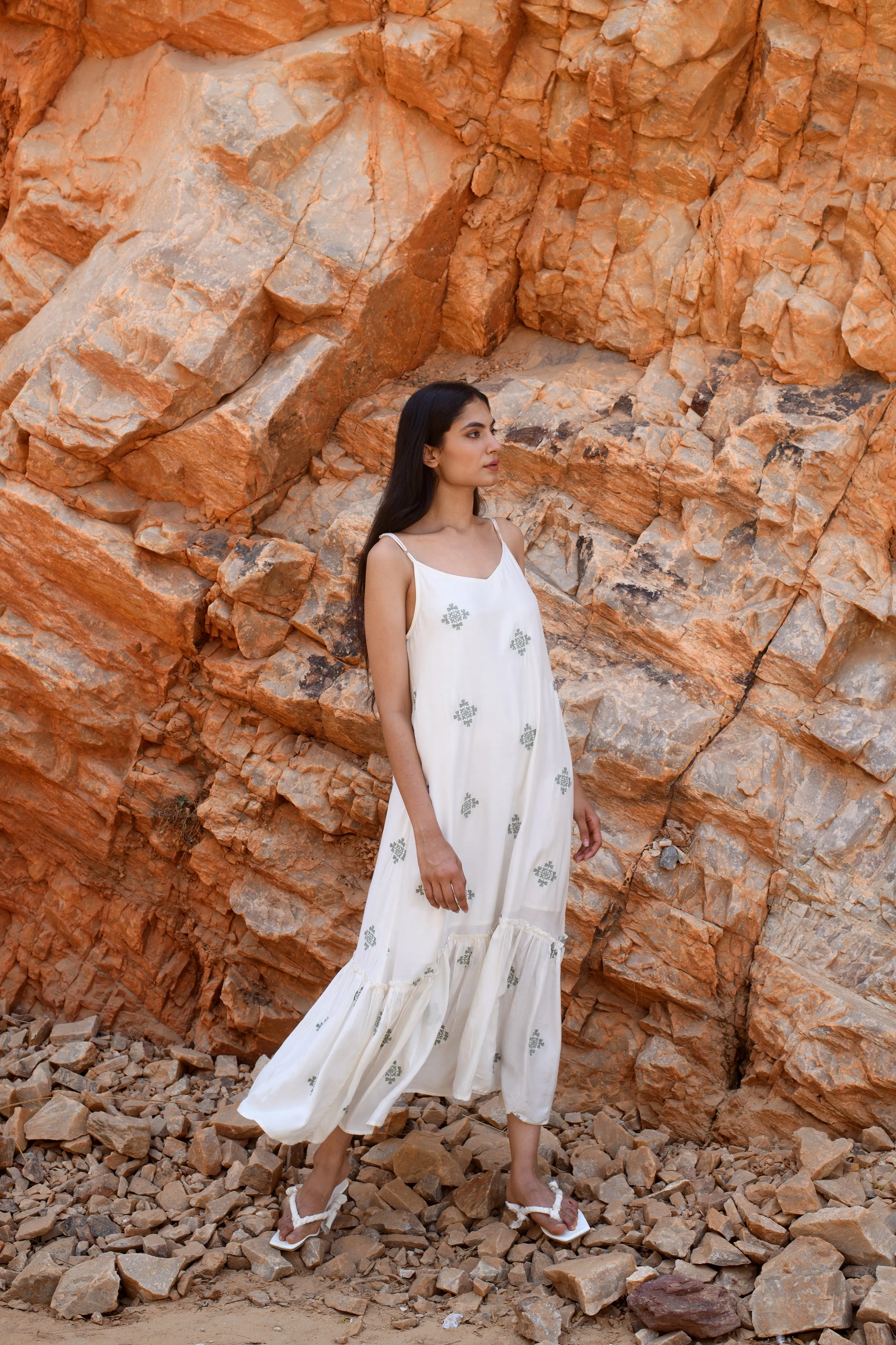 Kapraaha A White Stripe Embroidered Maxi Dress White